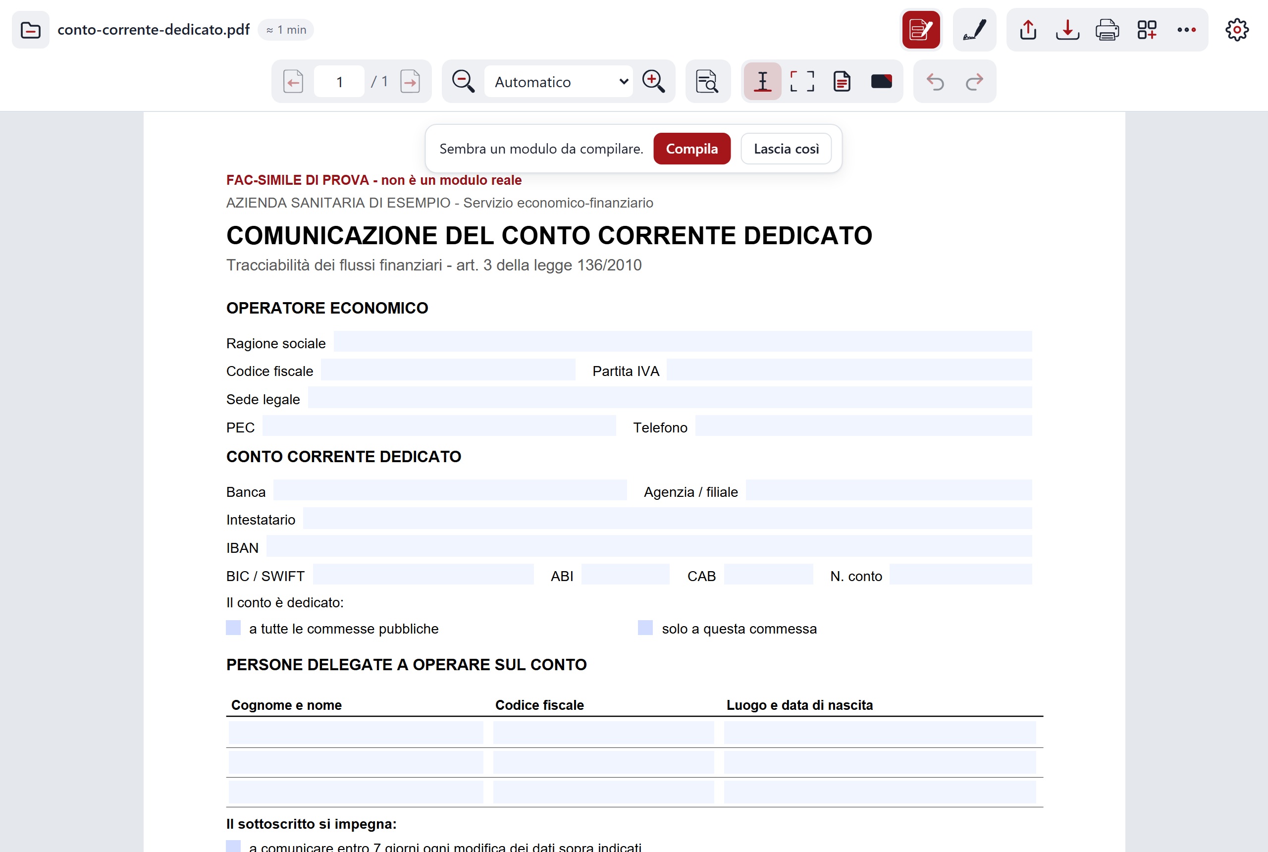 Un modulo aperto in C-A-R-T-A con la barra ridotta agli strumenti utili e il pulsante Tutti gli strumenti