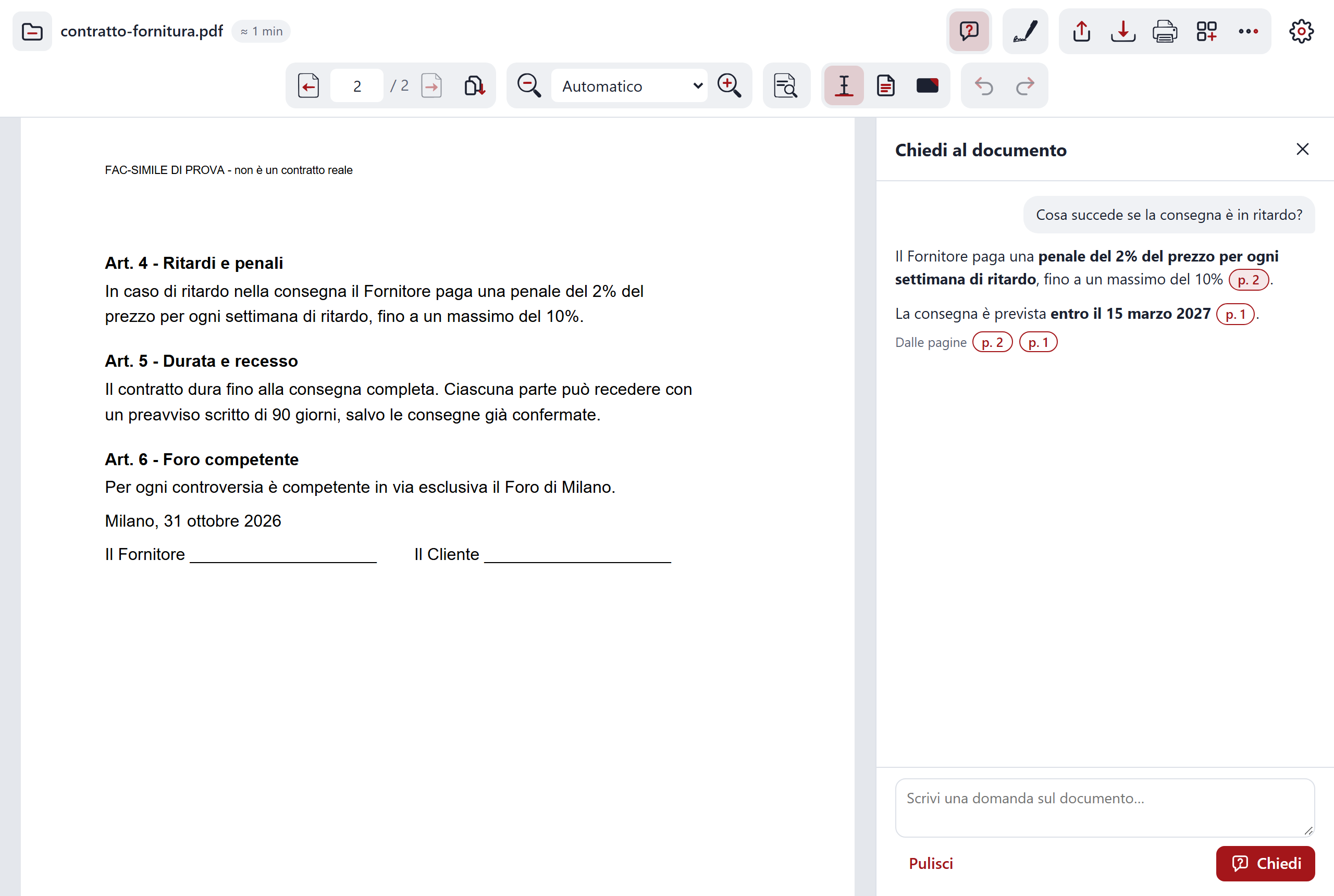 Il pannello Chiedi al documento accanto al PDF, con la domanda, la risposta e le pagine citate