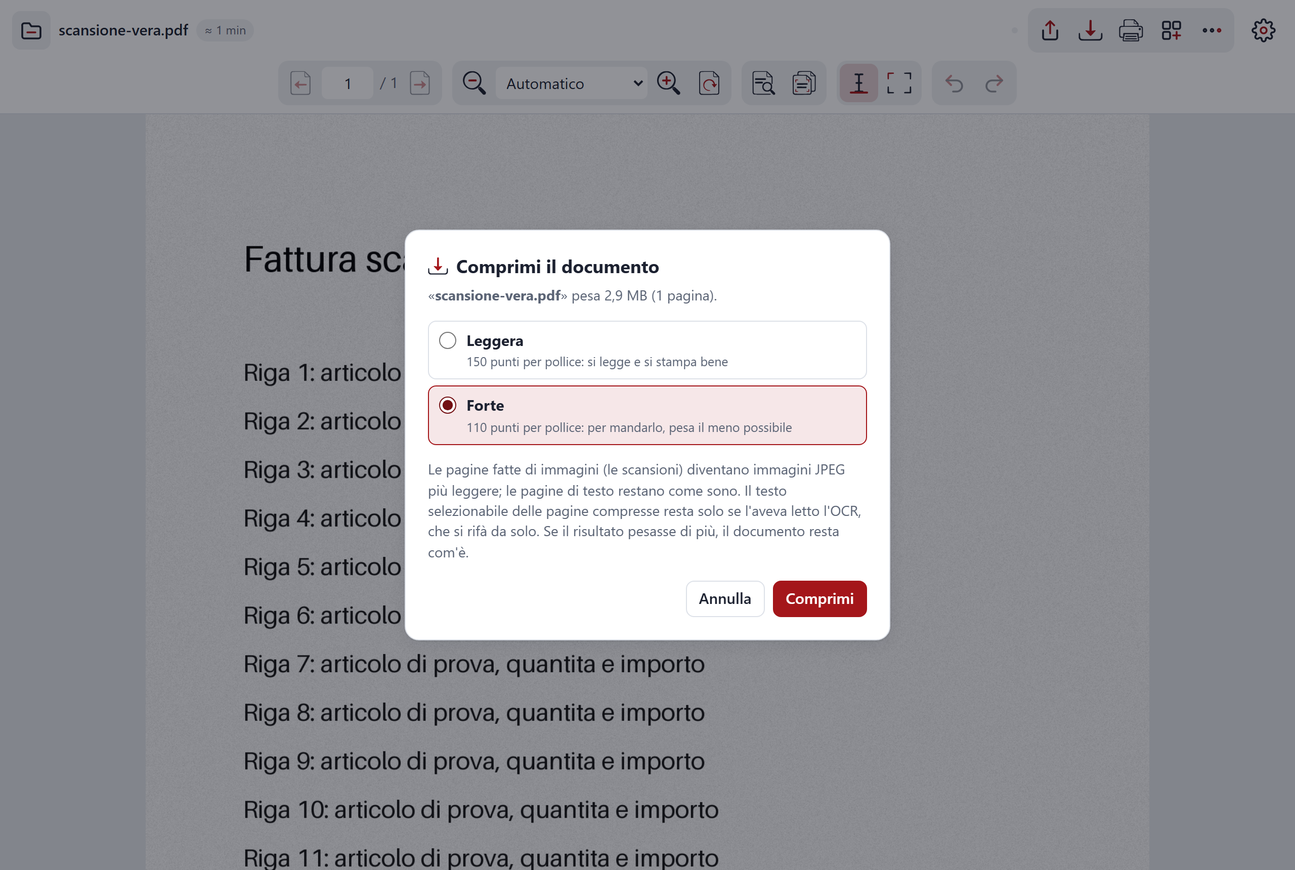 La finestra Comprimi il documento: il peso di partenza e le scelte Leggera e Forte