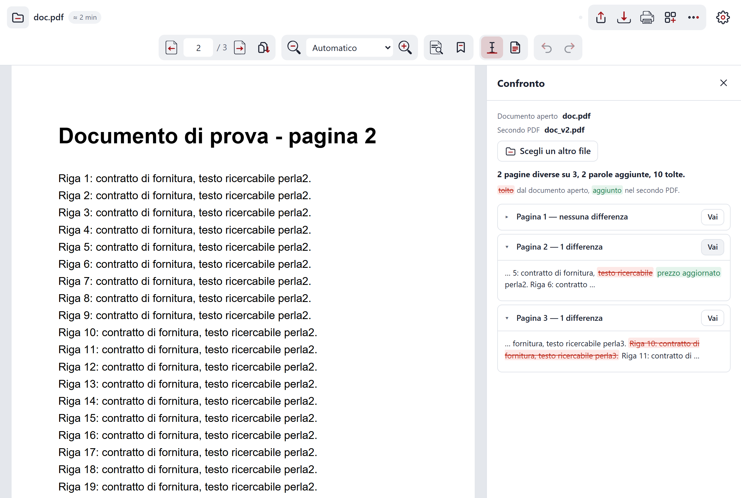 Il confronto tra due versioni di un documento: le parole tolte in rosso, quelle aggiunte in verde