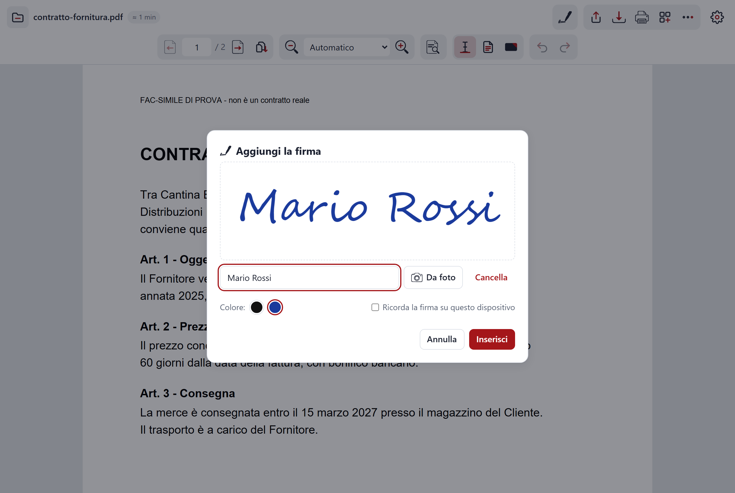La firma messa sul documento in C-A-R-T-A