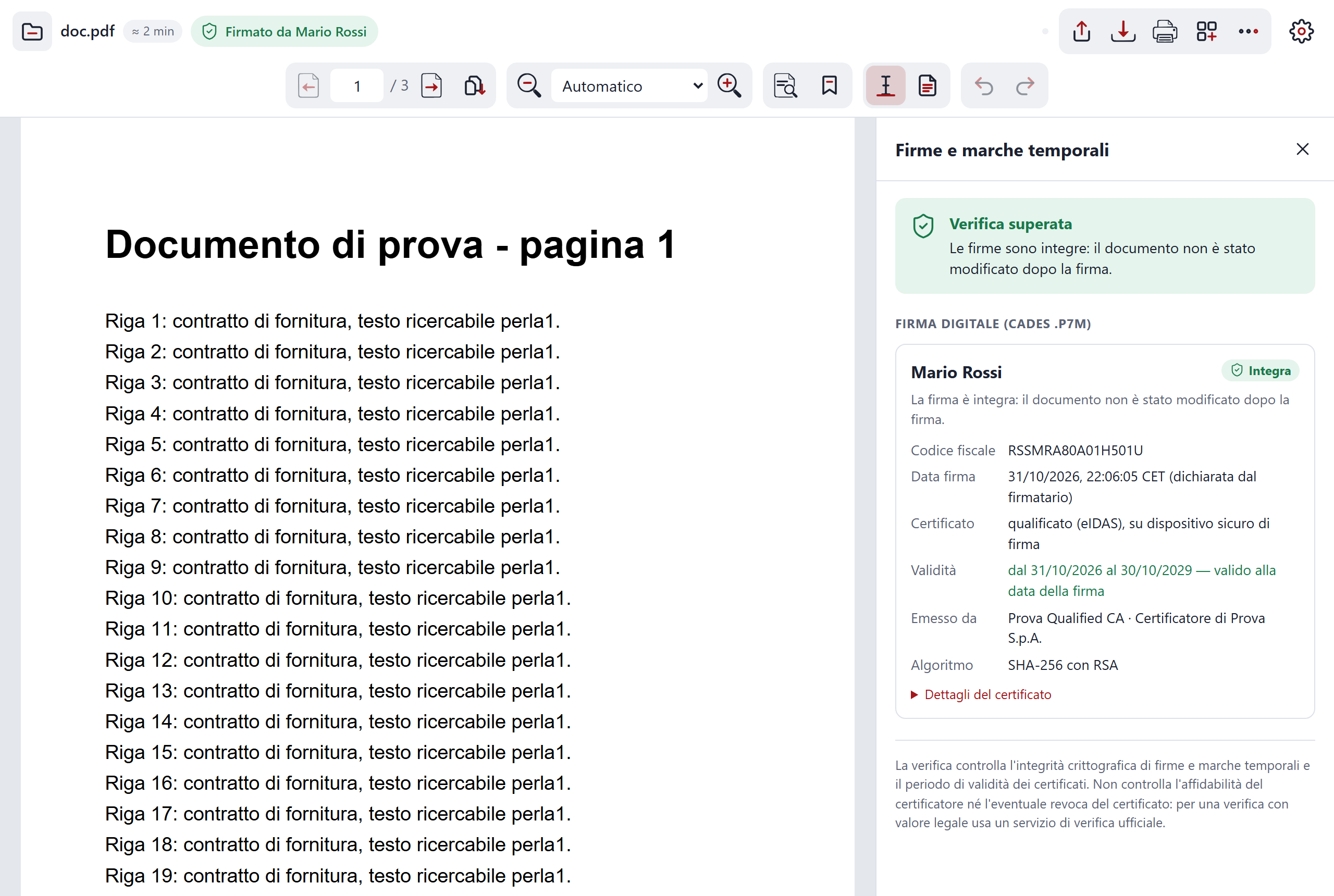 Il pannello Firme e marche temporali aperto accanto a un documento firmato