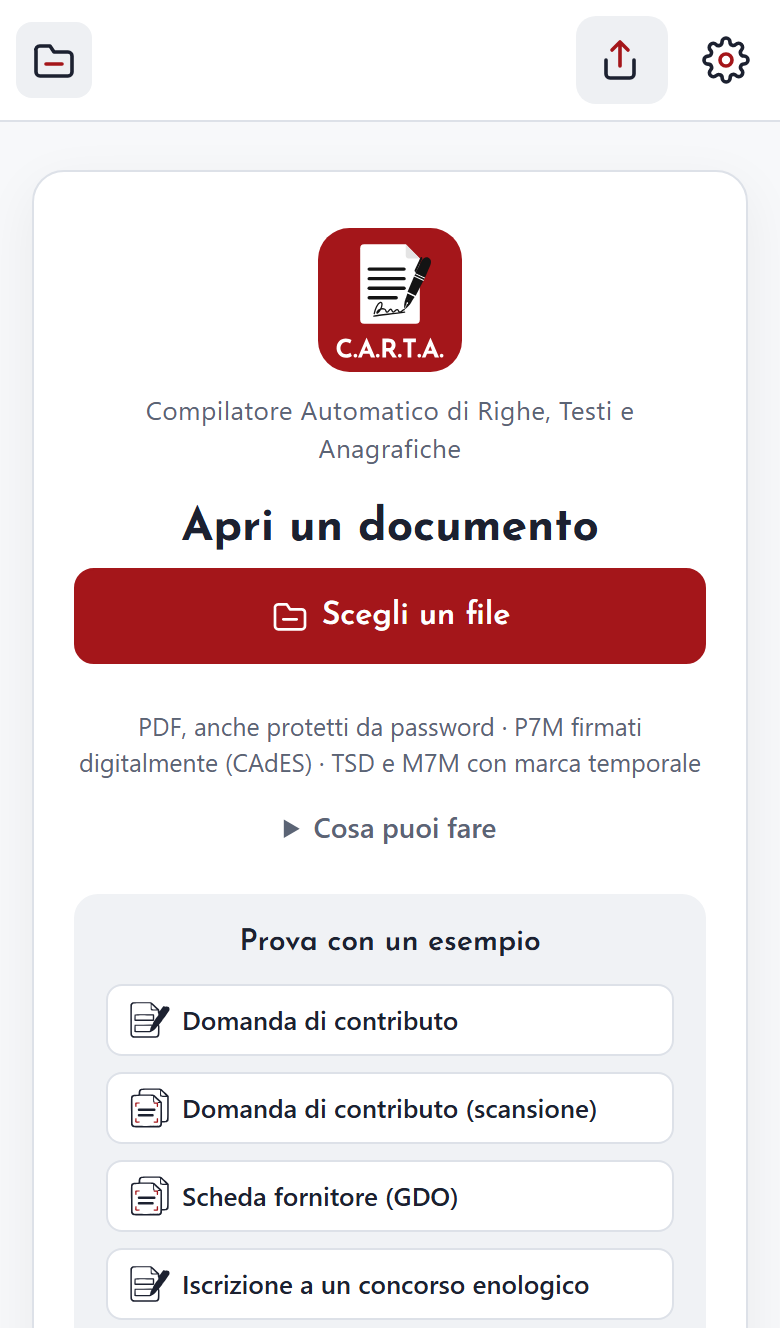 La pagina iniziale di C.A.R.T.A. su uno schermo da telefono