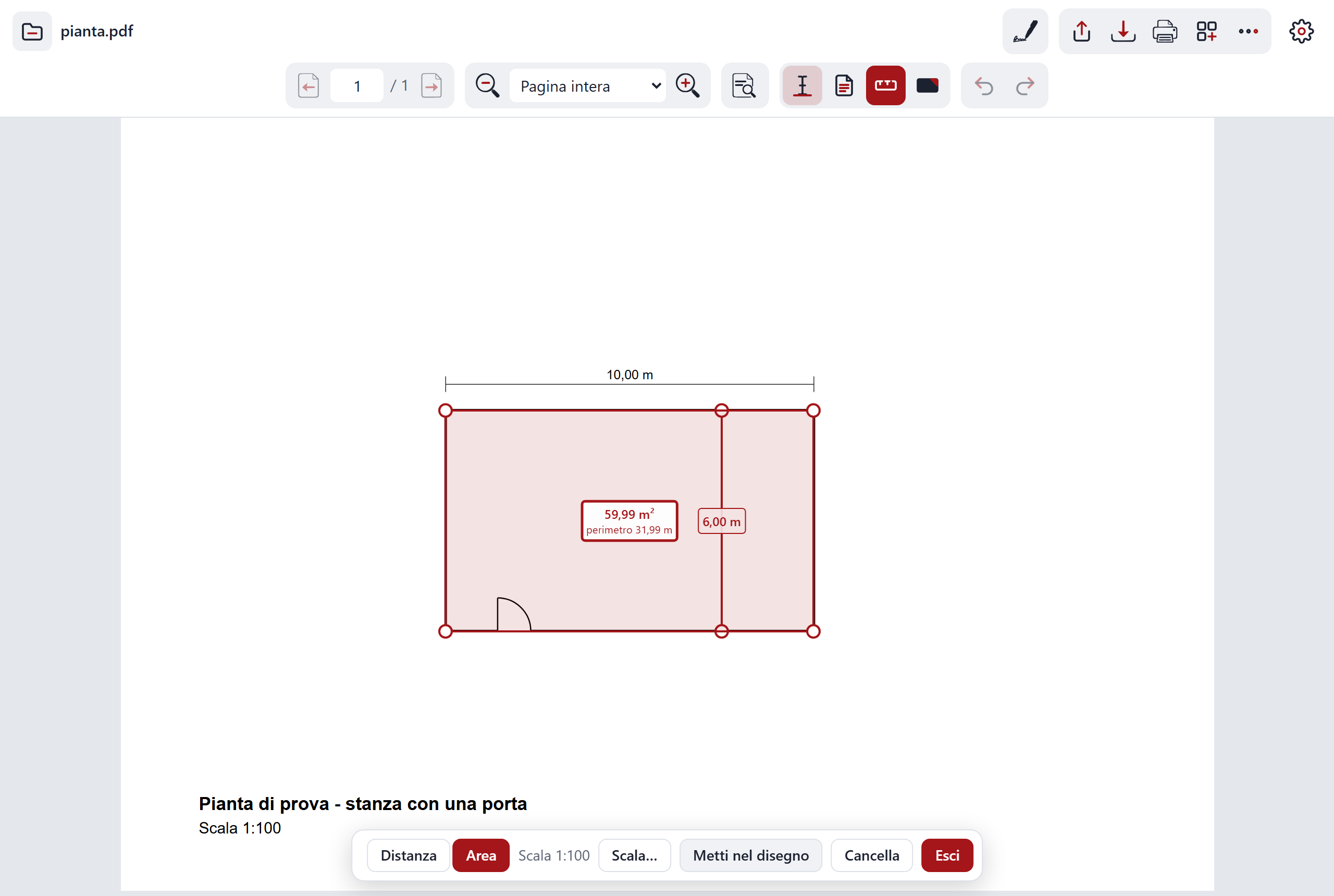 Una pianta in scala 1:100 con una distanza e l'area di una stanza