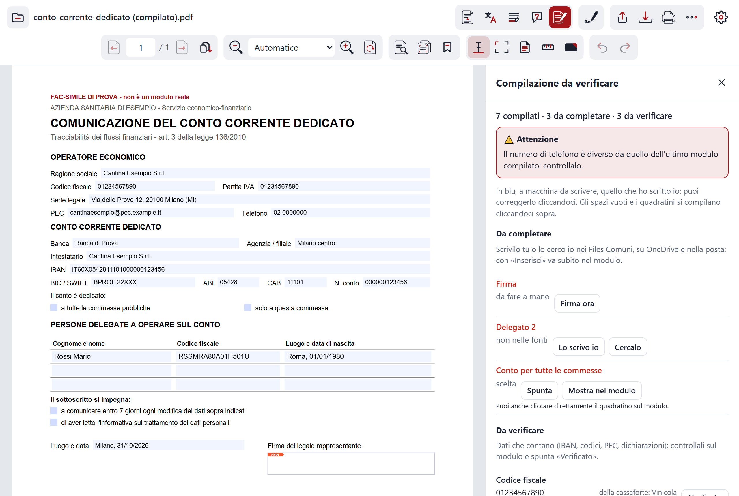 Il pannello Modulo compilato accanto al PDF, con i valori e la loro provenienza