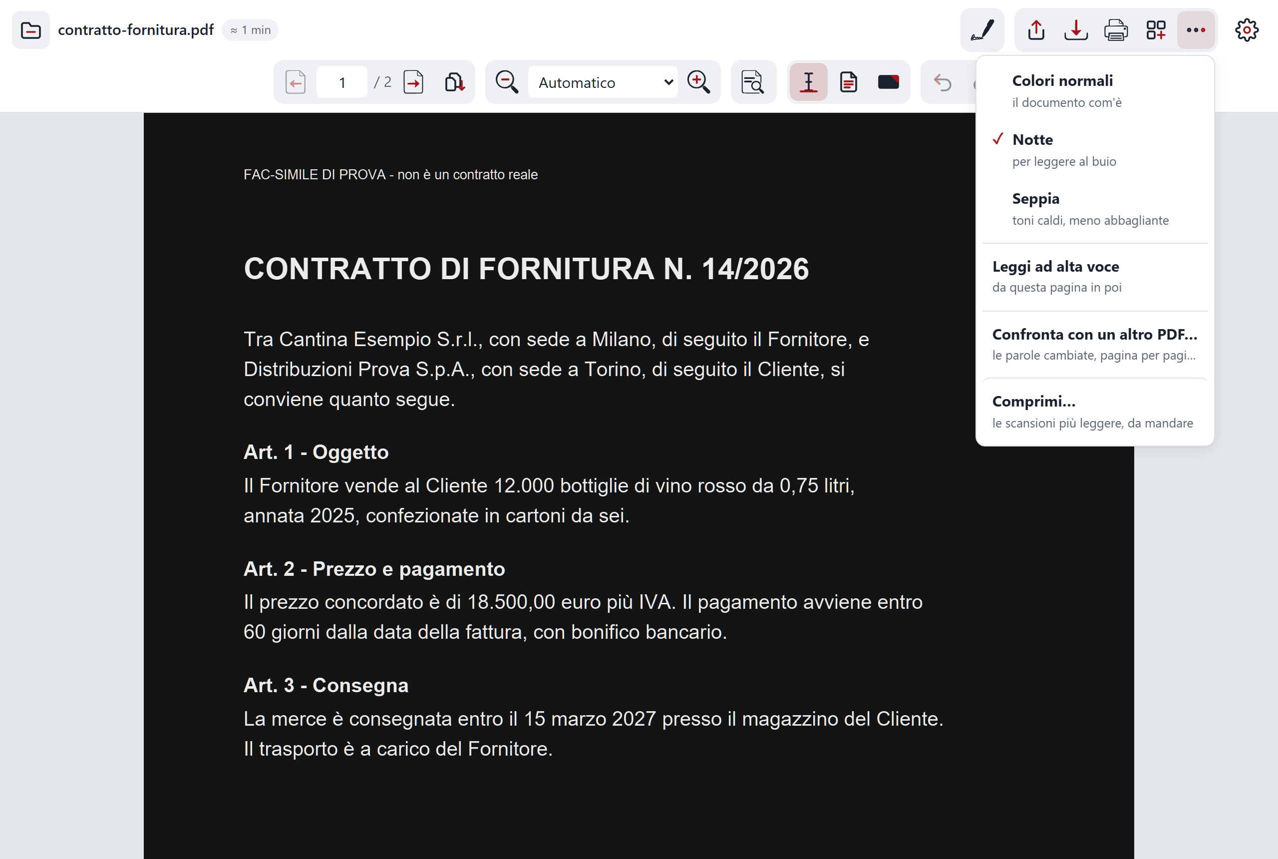 Una pagina letta con il filtro Notte