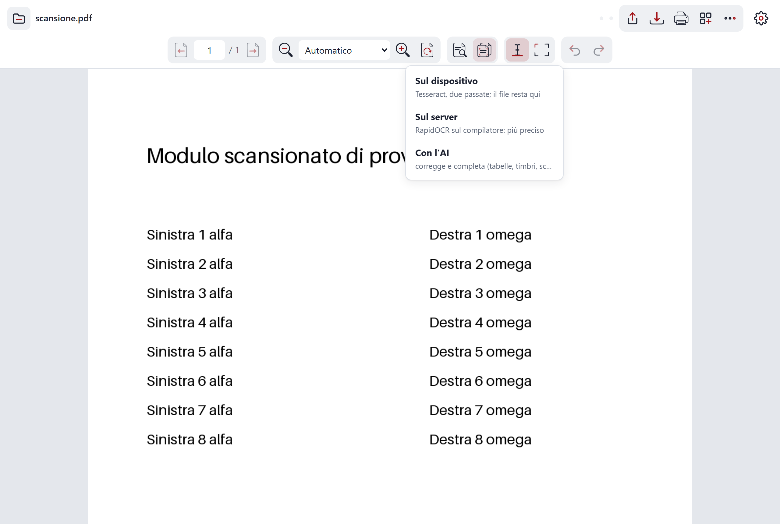 Il menu dell'OCR con le tre scelte
