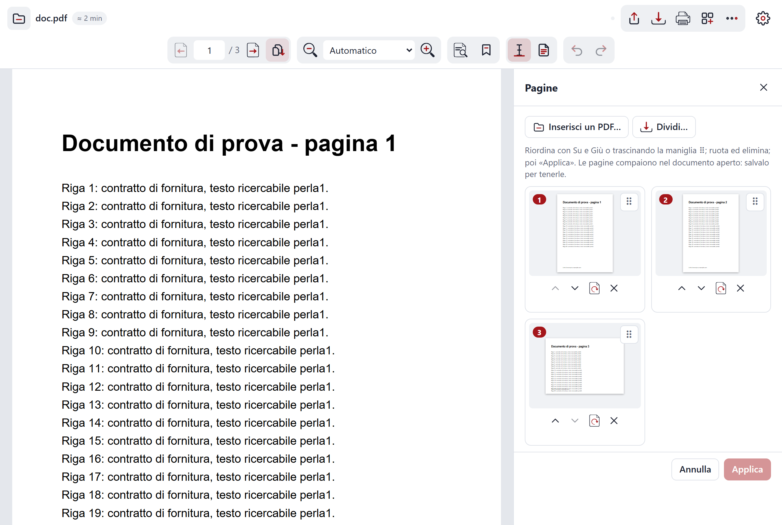 Il pannello Pagine accanto al documento, con le miniature, le frecce Su e Giù, Ruota ed Elimina