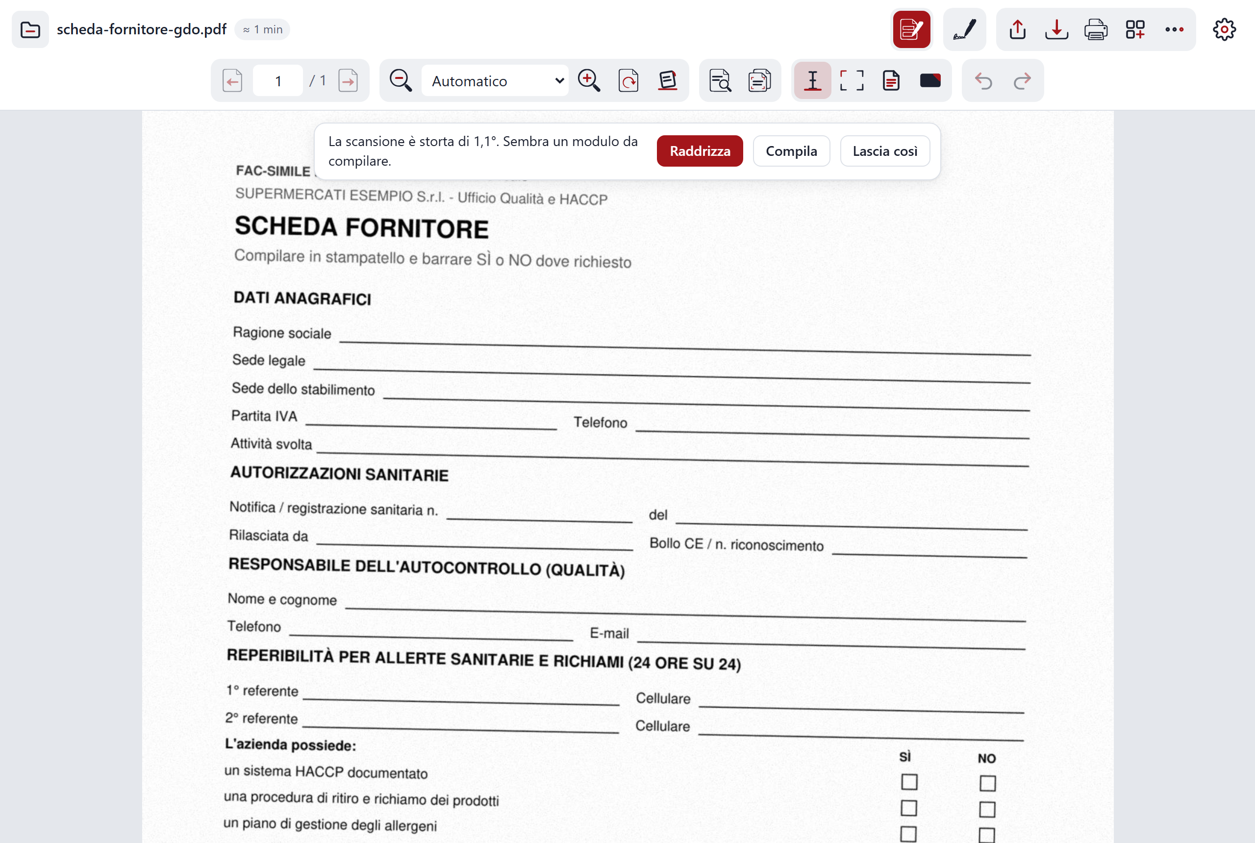 La barra delle proposte sopra la pagina del documento