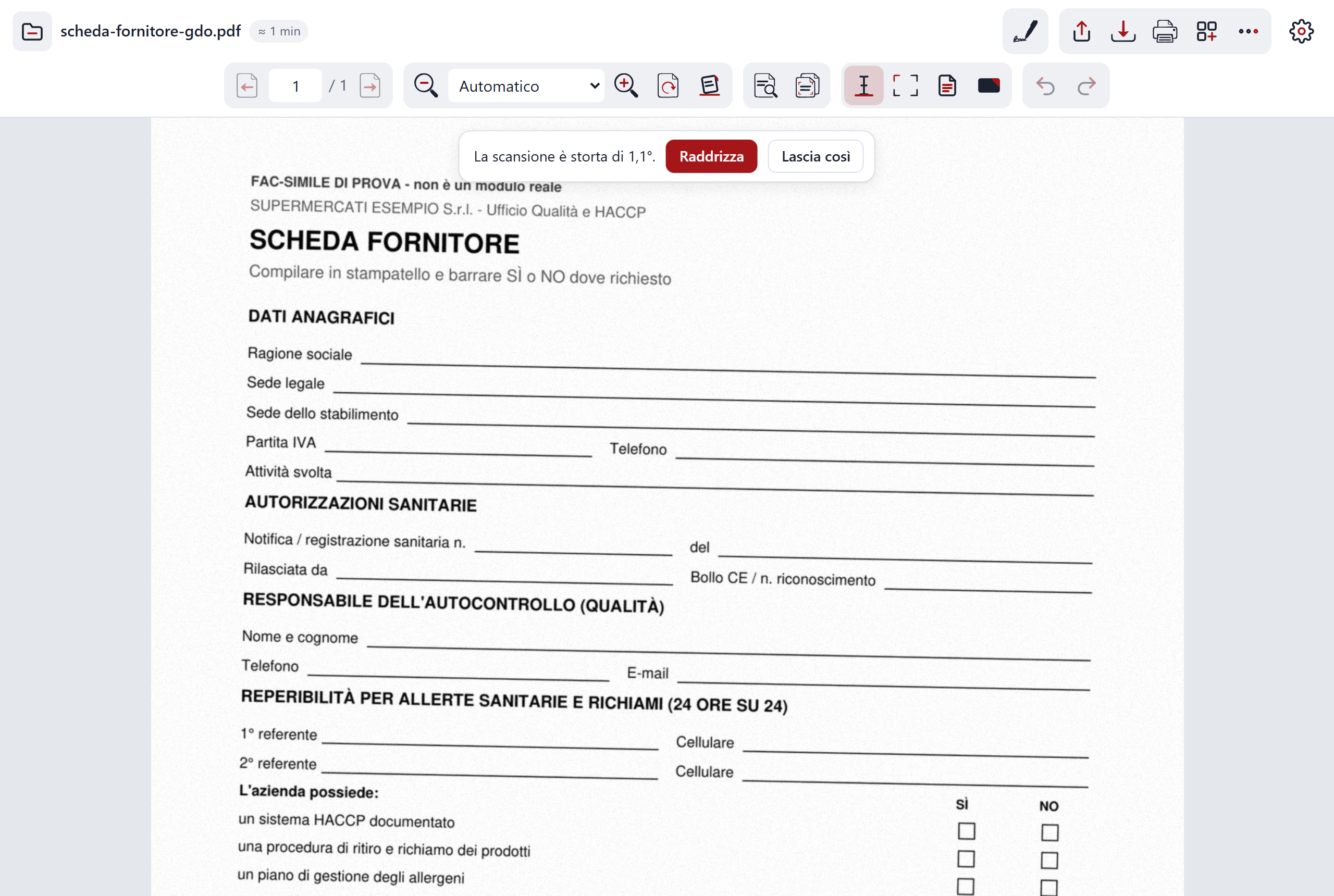 Una pagina scansionata storta, aperta in C-A-R-T-A prima di usare Raddrizza