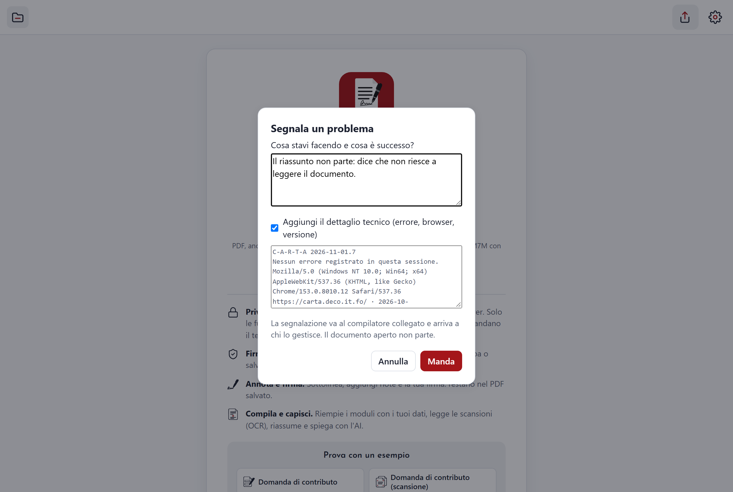 La finestra Segnala un problema, con la descrizione e il dettaglio tecnico